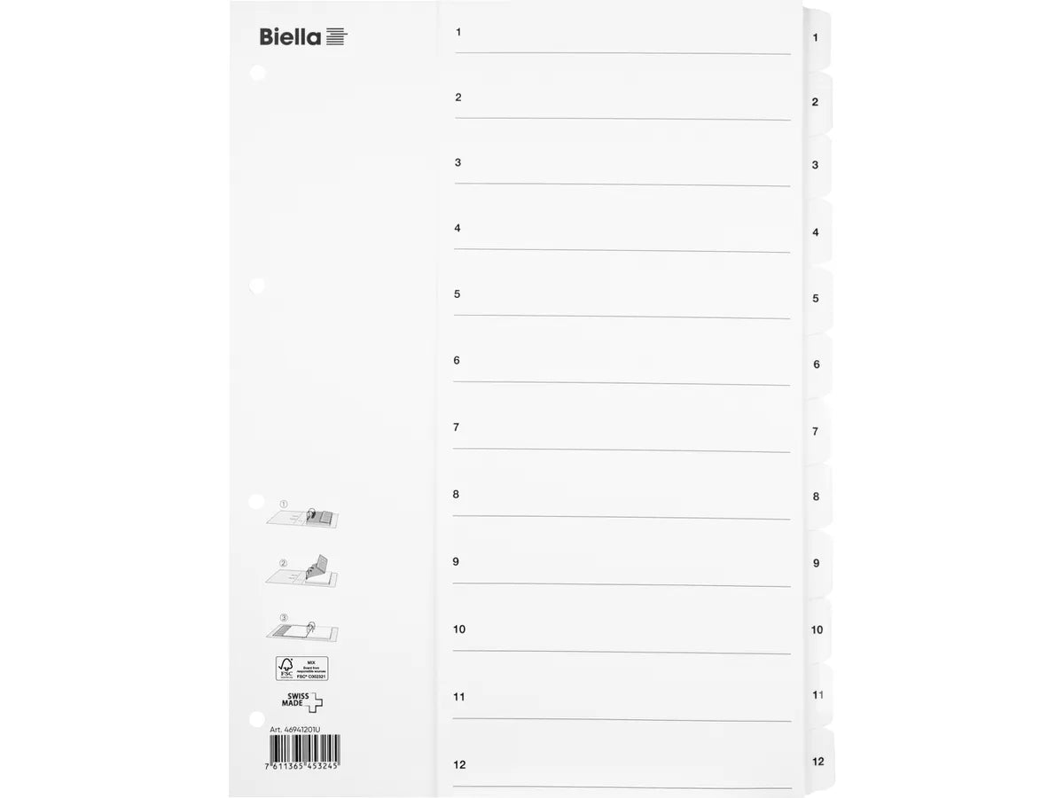 BIELLA Répertoire carton,Smartind. A4 46941201U 1-12, blanc