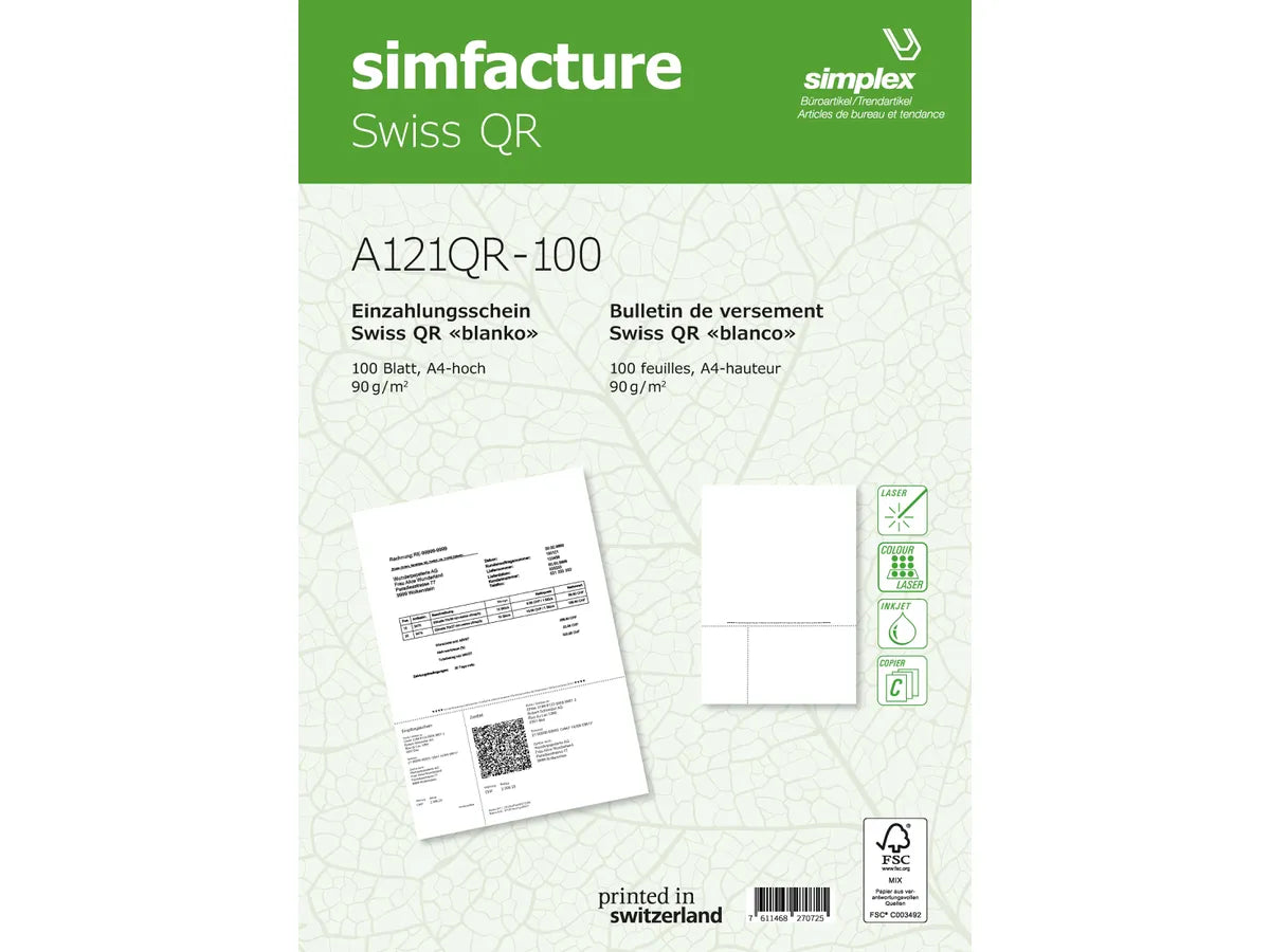 SIMPLEX Simfacture Swiss QR FSC A4 A121QR-100 universel, 90g 100 flls.