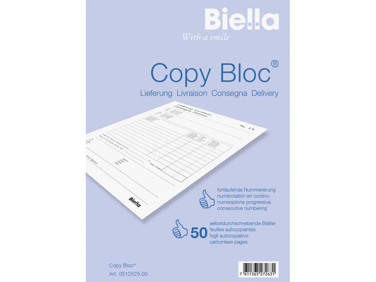 BIELLA Bul.livr. COPY-BLOC D/F/I/E A5 51252500U autocopiante 50x2 feuilles