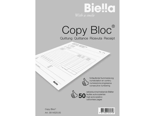 BIELLA Quittance COPY-BLOC D/F/I/E A5 51452500U autocopiante 50x2 feuilles