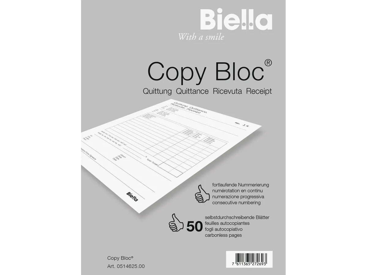 BIELLA Quittance COPY-BLOC D/F/I/E A6 51462500U autocopiante 50x2 feuilles