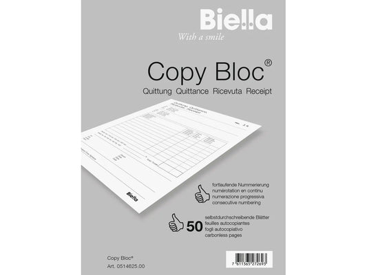 BIELLA Quittance COPY-BLOC D/F/I/E A6 51462500U autocopiante 50x2 feuilles