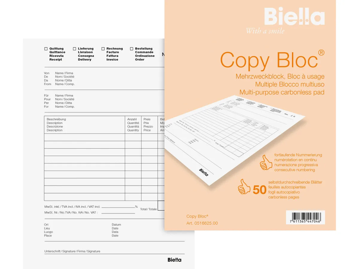 BIELLA Bloc copy A6 51662500U blanc 4 langues, mutiuse